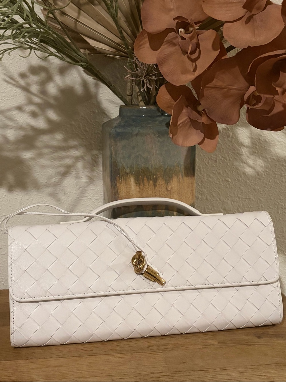 Bottega Veneta Adriamo Woven Leather Top-Handle Clutch Gold Knot Hardware